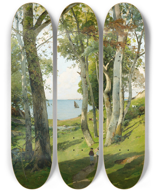 Triptych art skateboard deck of Paul Lecomte Deux Garons Sur Un Chemin Marchant Vers La Mer by Paul Lecomte (1842-1920)