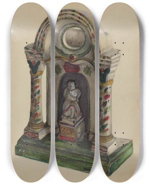 Triptych art skateboard deck of Mina Lowry Religious Wood Carving by Mina Lowry (1894-1942)
