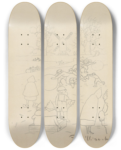 Triptych art skateboard deck of Lon Spilliaert Jeu De Neige Devant Le Moulin_2 by Leon Spilliaert (1881-1946)
