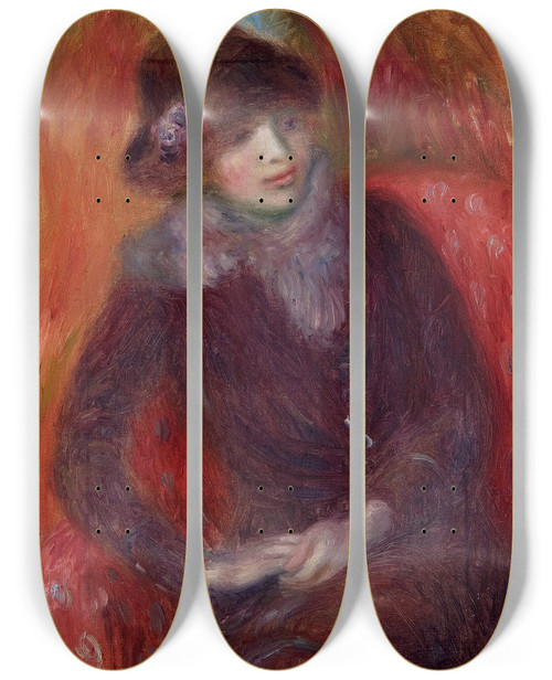 Triptych art skateboard deck of William James Glackens Seated Woman With Fur Neckpiece And Red Background by William James Glackens (1870-1938)
