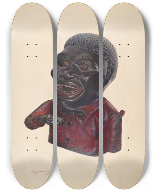 Triptych art skateboard deck of Chris Makrenos Cast Iron Toy Bank Jolly Nigger by Chris Makrenos (20-)