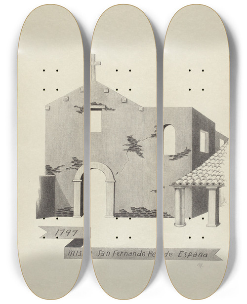 Triptych art skateboard deck of James Jones Mision San Fernando Rey De Espana_1 by James Jones