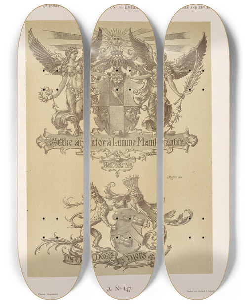 Triptych art skateboard deck of Albert Ilg Allegorien Und Embleme Vol Ii Pl158 by Albert Ilg (1847-1896)