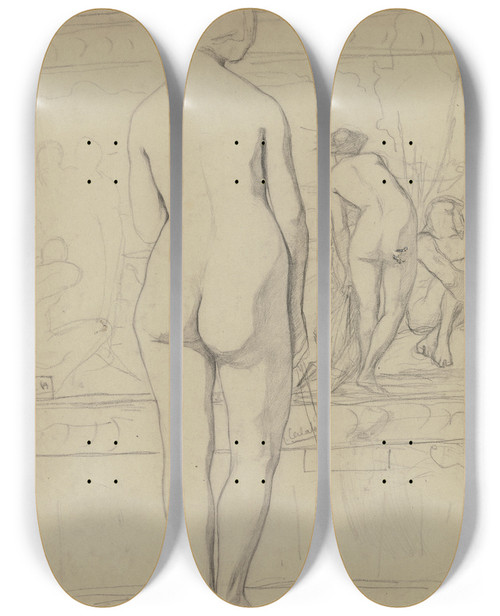 Triptych art skateboard deck of Victor Mller Weiblicher Rckenakt Mit Einem Ausstellungskatalog In Der Rechten Vor Einem Gemlde Mit Aktfiguren by Victor Muller (1829-1871)