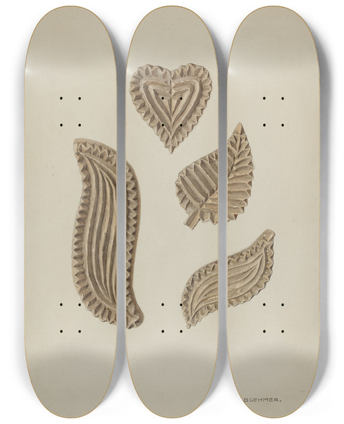 Triptych art skateboard deck of Fritz Boehmer Pa German Stamping Blocks For Homespun Cotton Or Linens by Fritz Boehmer