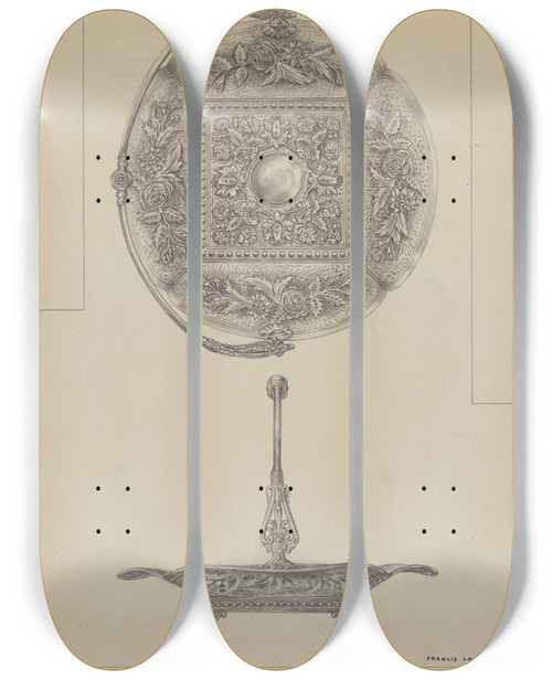 Triptych art skateboard deck of Francis Law Durand Silver Cake Dish_1 by Francis Law Durand (1935)