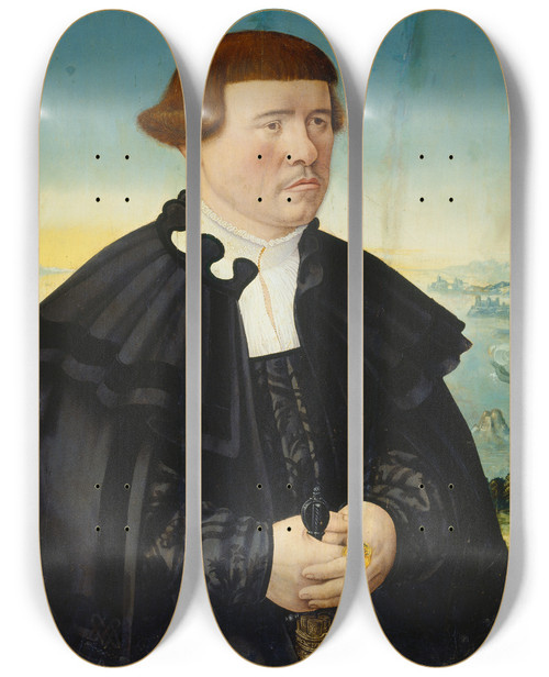 Triptych art skateboard deck of Conrad Faber Von Kreuznach Portrait Of A Man From The Stralenberg Family by Conrad Faber Von Kreuznach (1490-1553)