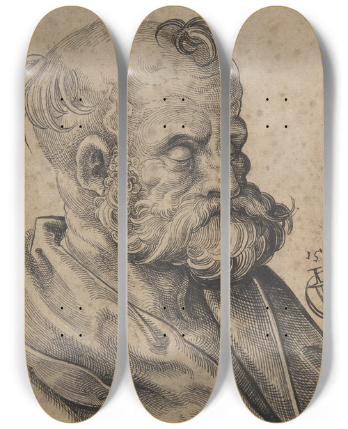 Triptych art skateboard deck of Urs Graf Bust Of A Bearded Old Man by Urs Graf (1485-1527)