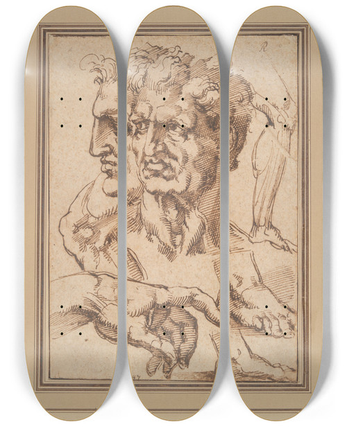 Triptych art skateboard deck of Baccio Bandinelli Sheet Ofstudies by Baccio Bandinelli (1493-1560)