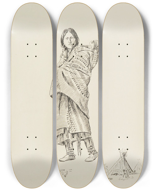 Triptych art skateboard deck of Charles Marion Russell Backfeet Squaw And Pappoose by Charles Marion Russell (1864-1926)