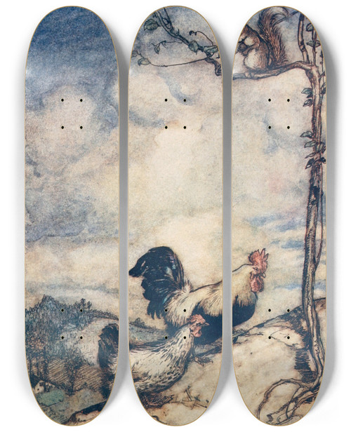 Triptych art skateboard deck of Arthur Rackham Now We Will Go Up The Hill And Have A Good Feast Before The Squirrel Carries Off All The Nuts by Arthur Rackham (1867-1939)