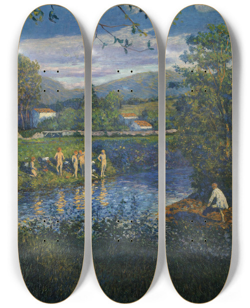 Triptych art skateboard deck of Daro De Regoyos Bathing In Rentera by Daro de Regoyos (1857-1913)