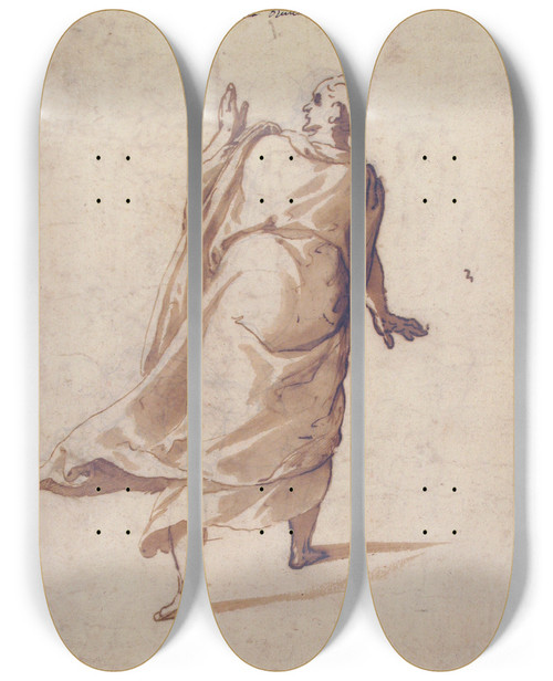 Triptych art skateboard deck of Cesare Nebbia Back View Of A Standing Man In A Long Cloak by Cesare Nebbia (1536-1622)