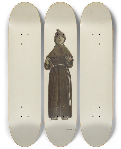 Triptych art skateboard deck of George E Rhone Santo Bulto by George E Rhone