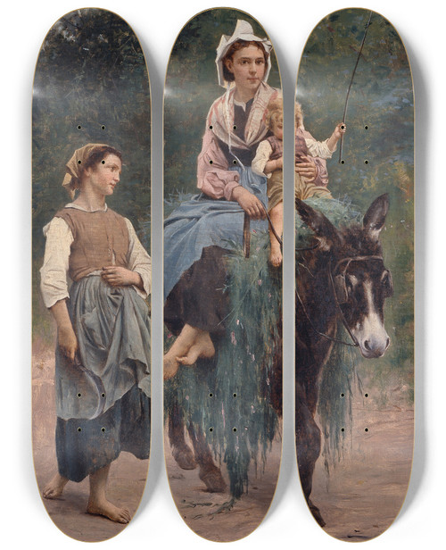 Triptych art skateboard deck of Franois Alfred Delobbe Italian Peasant Family by Francois Alfred Delobbe (1835-1920)