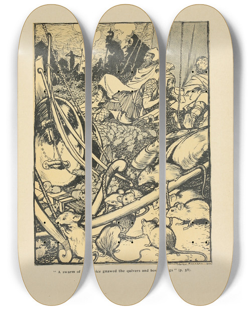 Triptych art skateboard deck of Arthur Rackham A Swarm Of Fieldmice Gnawed The Quivers And Bowstrings by Arthur Rackham (1867-1939)