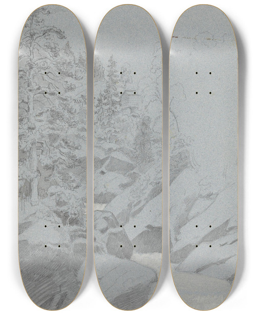 Triptych art skateboard deck of Adolph Tidemand Skoginterir Med Foss Og Hus by Adolph Tidemand (1814-1876)