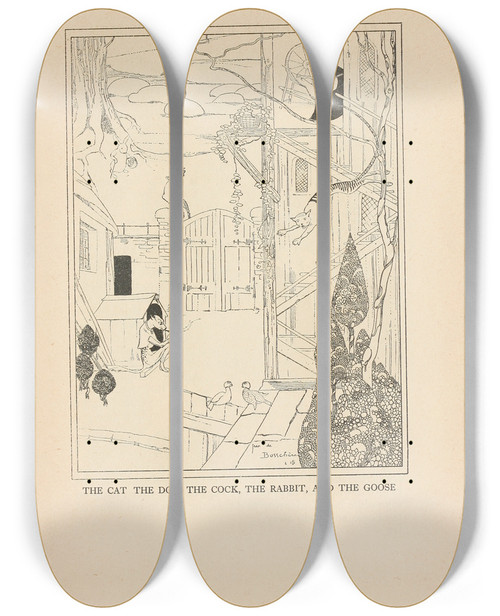 Triptych art skateboard deck of Jean De Bosschre The Cat The Dog The Cock The Rabbit And The Goose by Jean de Bosschre (1878-1953)