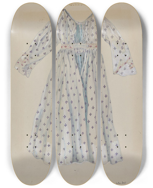 Triptych art skateboard deck of Lillian Stahl Dolls Dress by Lillian Stahl