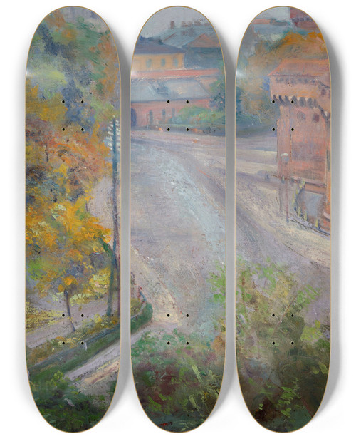 Triptych art skateboard deck of Stanisaw Wyspiaski The Barbican And The Floriaska Street View From Zacisze Street by Stanislaw Wyspianski (1869-1907)