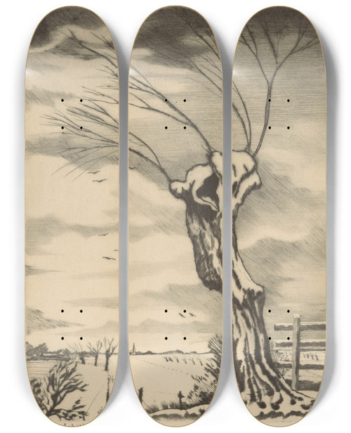 Triptych art skateboard deck of Lodewijk Schelfhout Wilg In Een Winterlandschap by Lodewijk Schelfhout (1881-1943)