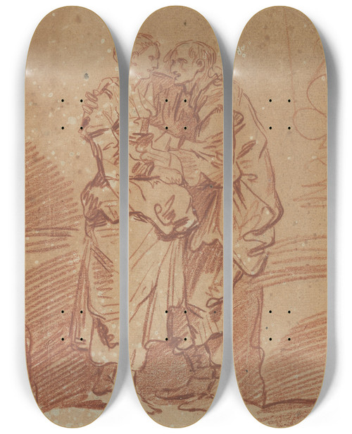 Triptych art skateboard deck of Jeanbaptiste Greuze An Old Man With A Bag Of Money Embracing A Young Woman by Jean-Baptiste Greuze (1725-1805)