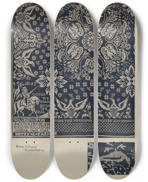 Triptych art skateboard deck of Esther Hansen Textile Of George Washington by Esther Hansen