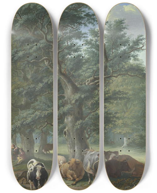 Triptych art skateboard deck of Johann Georg Pforr Unter Einen Groen Eiche Ruht Vieh In Der Ferne Ein Reh Links Bringt Eine Frau Dem Hirten Das Essen by Johann Georg Pforr (1745-1798)