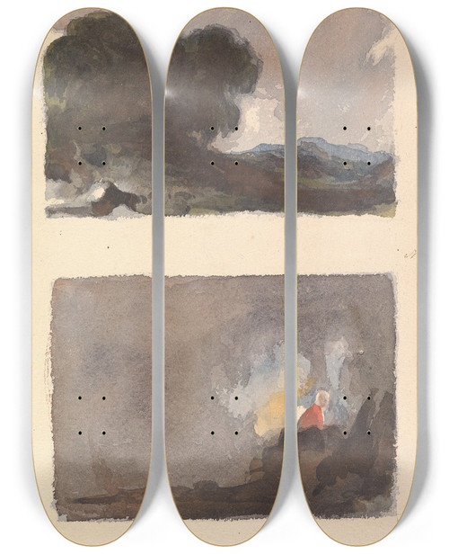 Triptych art skateboard deck of Thomas Sully Landscape With Tree In Foreground And Mountains In Distance Figure In Interior Scene by Thomas Sully (1783-1872)