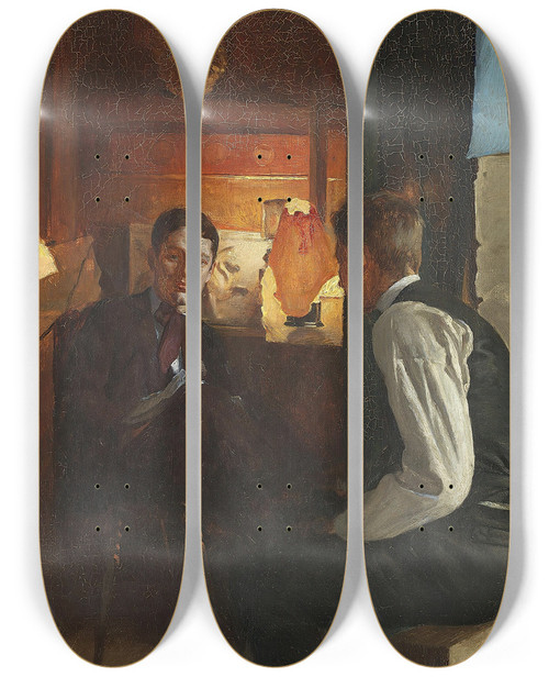 Triptych art skateboard deck of Gustav Vermehren Interir Med To Unge Mnd Lampelys by Gustav Vermehren (1863-1931)