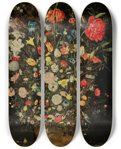 Triptych art skateboard deck of Jan Brueghel The Younger Still Life With A Large Bouquet Of Flowers In A Wooden Bucket by Jan Brueghel the Younger (1601-1678)