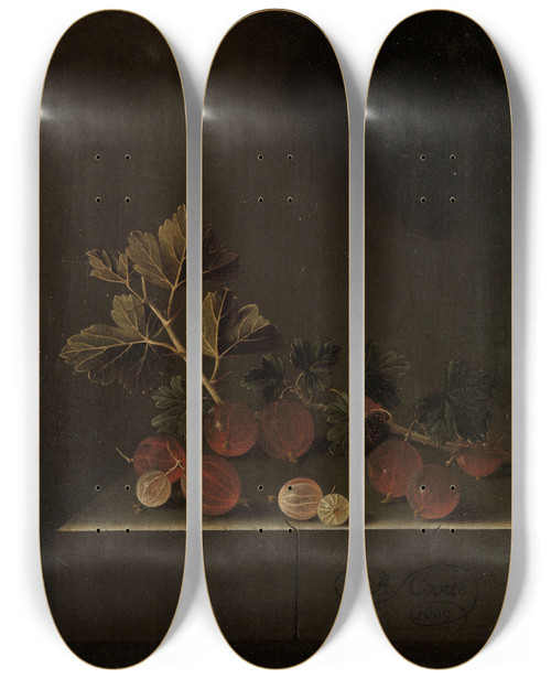 Triptych art skateboard deck of Adriaen Coorte A Sprig Of Gooseberries On A Stone Plinth by Adriaen Coorte (1660-1707)