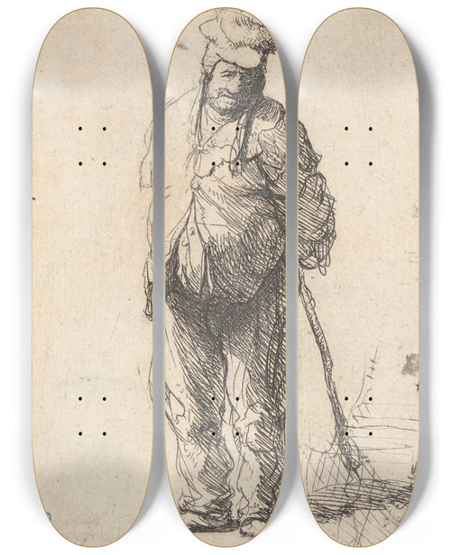 Triptych art skateboard deck of Rembrandt Van Rijn Ragged Peasant With His Hands Behind Him Holding A Stick by Rembrandt Van Rijn (1606-1669)