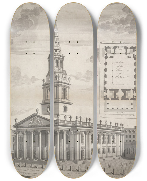 Triptych art skateboard deck of Sutton Nicholls St Martins Church by Sutton Nicholls (1700-1740)