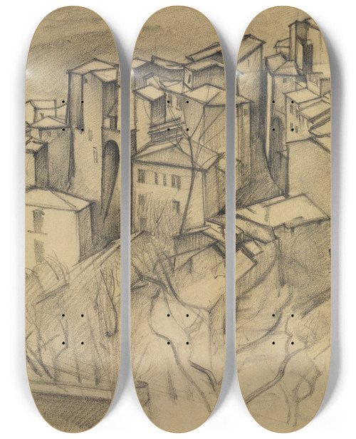 Triptych art skateboard deck of Alexander Kanoldt Huser In Olevano Hochformat Olevano Ii by Alexander Kanoldt (1881-1939)