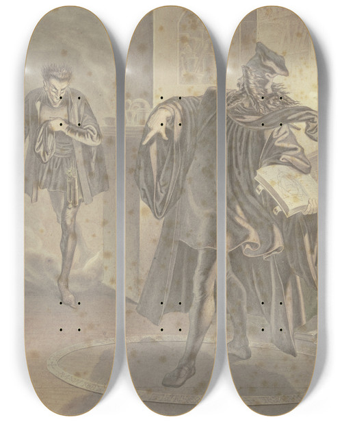 Triptych art skateboard deck of Ferdinand Fellner Faust Zwingt Mephisto In Den Zauberkreis by Ferdinand Fellner (1799-1859)