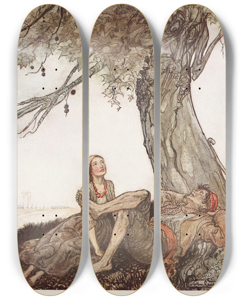 Triptych art skateboard deck of Arthur Rackham The Travellers And The Planetree by Arthur Rackham (1867-1939)