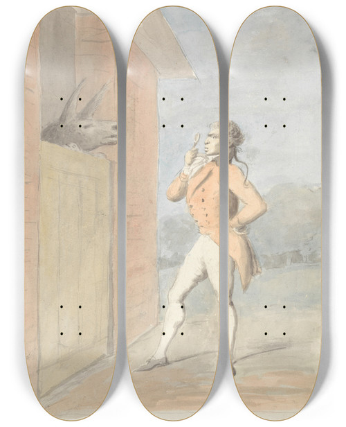 Triptych art skateboard deck of George Dance A Dandy Quizzing A Mules Head Seen Over A Stable Door by George Dance (1741-1825)