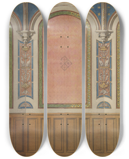 Triptych art skateboard deck of Julesedmondcharles Lachaise Design For The Decoration Of Wall With Wood Panels And Arched Bays by Jules-Edmond-Charles Lachaise (1897)