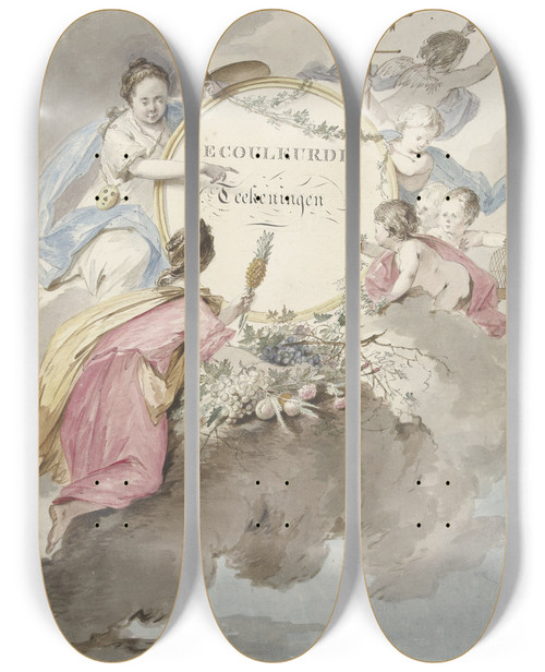 Triptych art skateboard deck of Gerard Van Nijmegen Titelblad Voor Kunstboek Met Gecouleurde Teekeningen by Gerard Van Nijmegen (1735-1808)