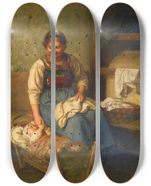 Triptych art skateboard deck of Franz Von Defregger Mothers Pride by Franz Von Defregger (1835-1921)
