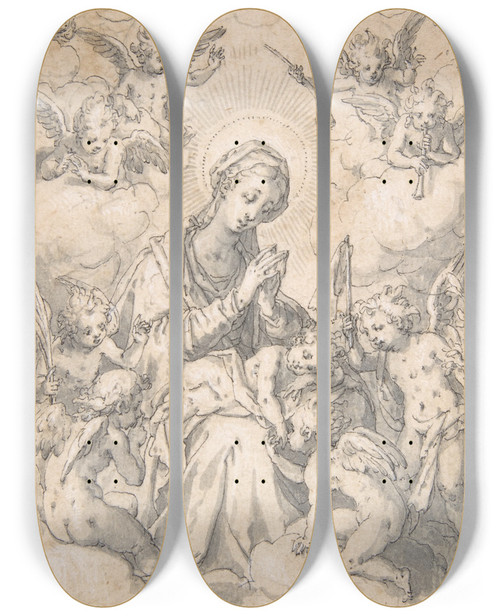 Triptych art skateboard deck of Friedrich Sustris The Virgin And Child Surrounded By Little Angels In The Clouds by Friedrich Sustris (1540-1599)