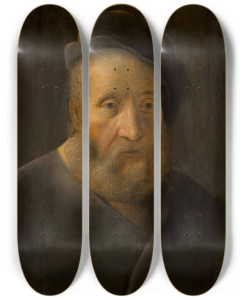 Triptych art skateboard deck of Leiden School Portrait Of A Bearded Man Halflength Wearing A Cap by Leiden School