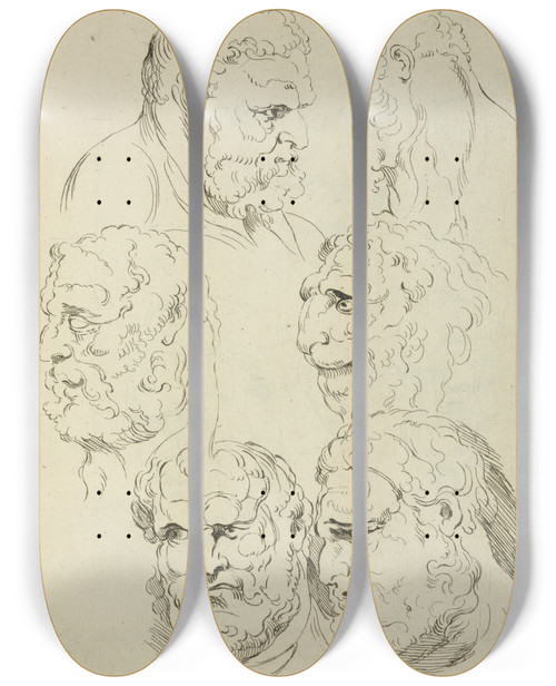Triptych art skateboard deck of Peter Paul Rubens Studies Of The Head Of A Bearded Man And The Head Of A Creature by Peter Paul Rubens (1577-1640)