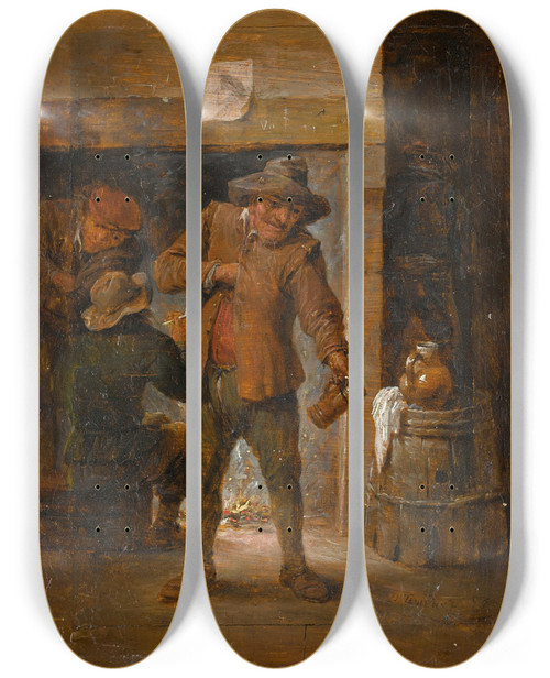 Triptych art skateboard deck of Workshop Of David Teniers The Younger Tavern Interior With Menat A Hearth by workshop of David Teniers the Younger (1610-1690)