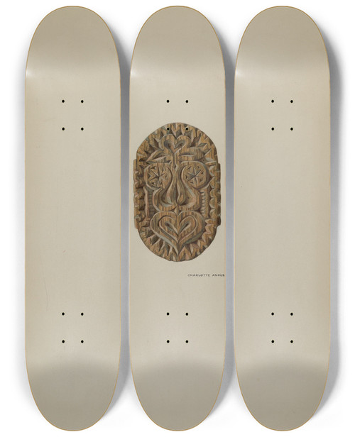 Triptych art skateboard deck of Charlotte Angus Pa German Block Used In Pressing And Steaming by Charlotte Angus (1911-1989)