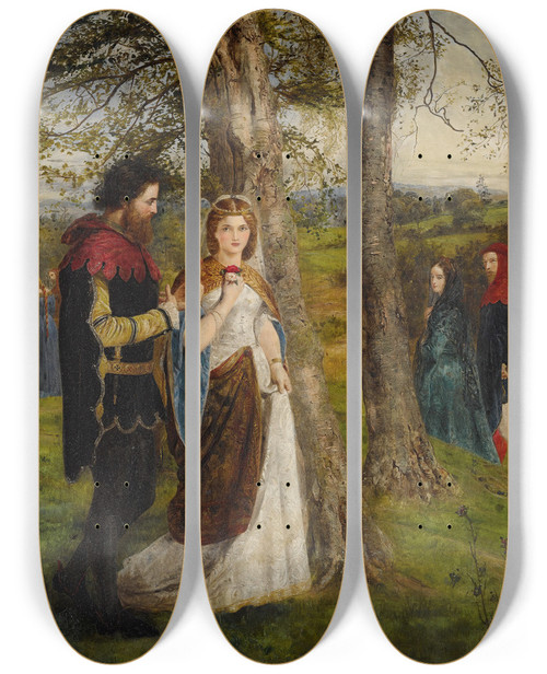 Triptych art skateboard deck of James Archer Sir Launcelot And Queen Guinevere by James Archer (1822-1904)