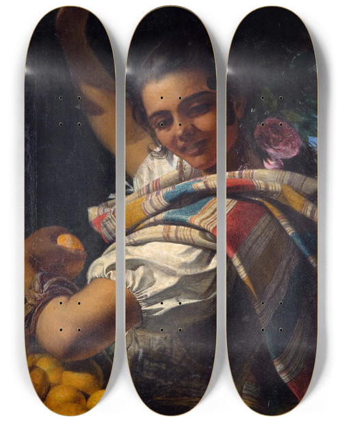 Triptych art skateboard deck of John Phillip The Orange Girl by John Phillip (1817-1867)