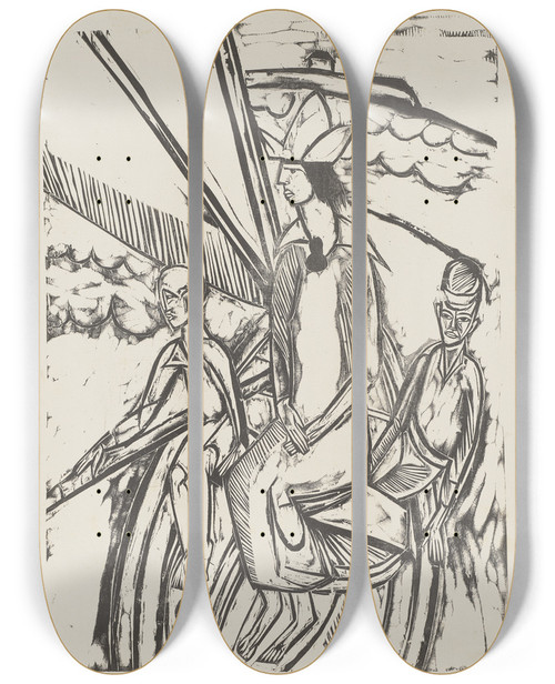 Triptych art skateboard deck of Ernst Ludwig Kirchner Frau Und Zwei Buben Im Segelboot by Ernst Ludwig Kirchner (1880-1938)