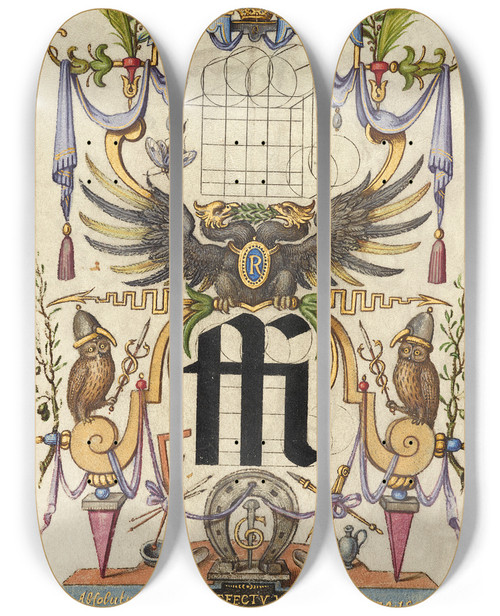Triptych art skateboard deck of Joris Hoefnagel Guide For Constructing The Ligature Ffi by Joris Hoefnagel (1542-1600)
